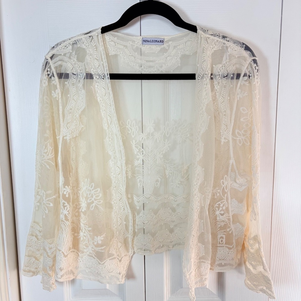 Nina Leonard Ivory Sheer Lace Open Cardigan XL Floral Feminine Romantic Coquette - Picture 4 of 10